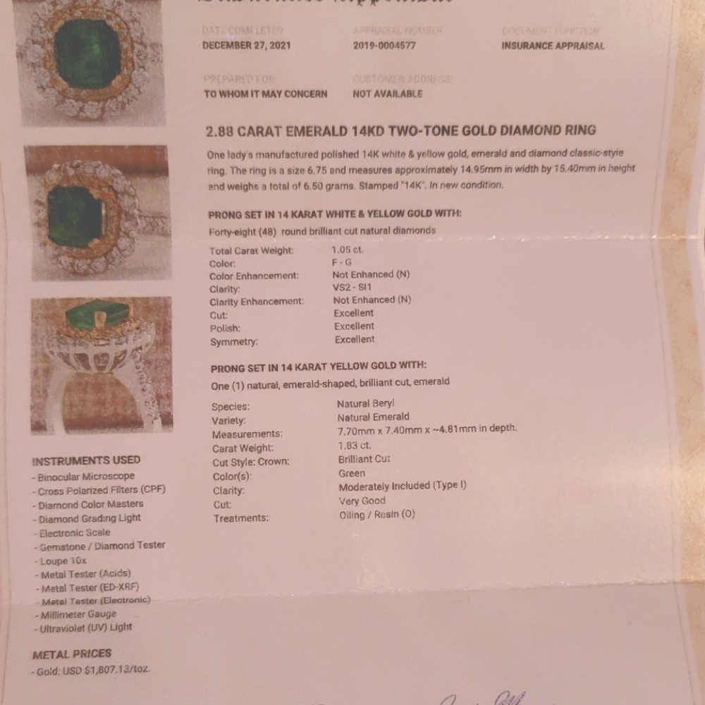 Gift Idea: Genuine appraised 2.88 Carat Emerald 14KT Two-Tone Gold Diamond Ring - Picture 9 of 11